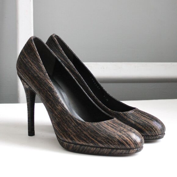 Stuart Weitzman Soft Leather Platform Black Brown Heels Pumps Round Toe Size 8.5 - Picture 1 of 8